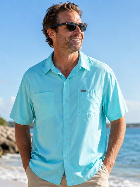 Columbia Other - Columbia PFG Fishing Shirt XXL Aqua Blue Short Sleeve Performance Button Front